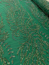 Dantela Couture Verde Smarald cu Model Floral, cu Margele si Paiete
